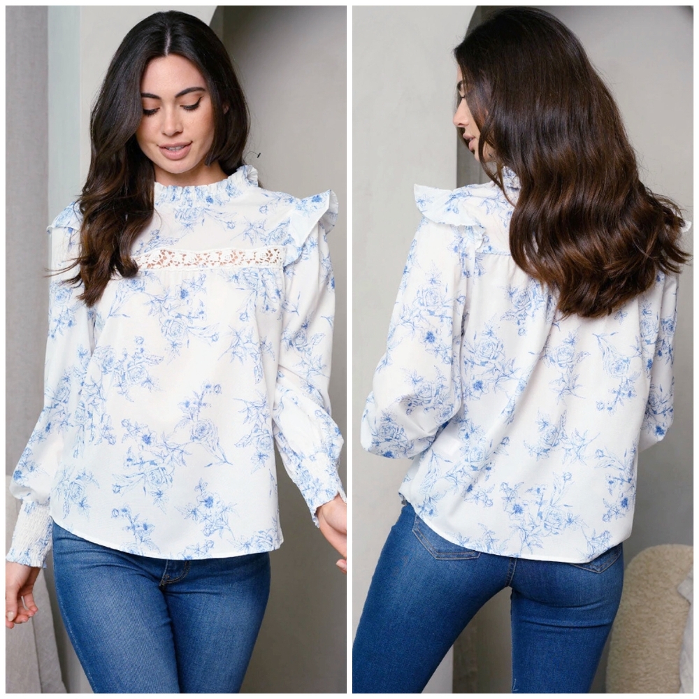 ALICE BLUE Stitch Fix White Blue Floral Long Sleeves Top - Picture 5 of 5
